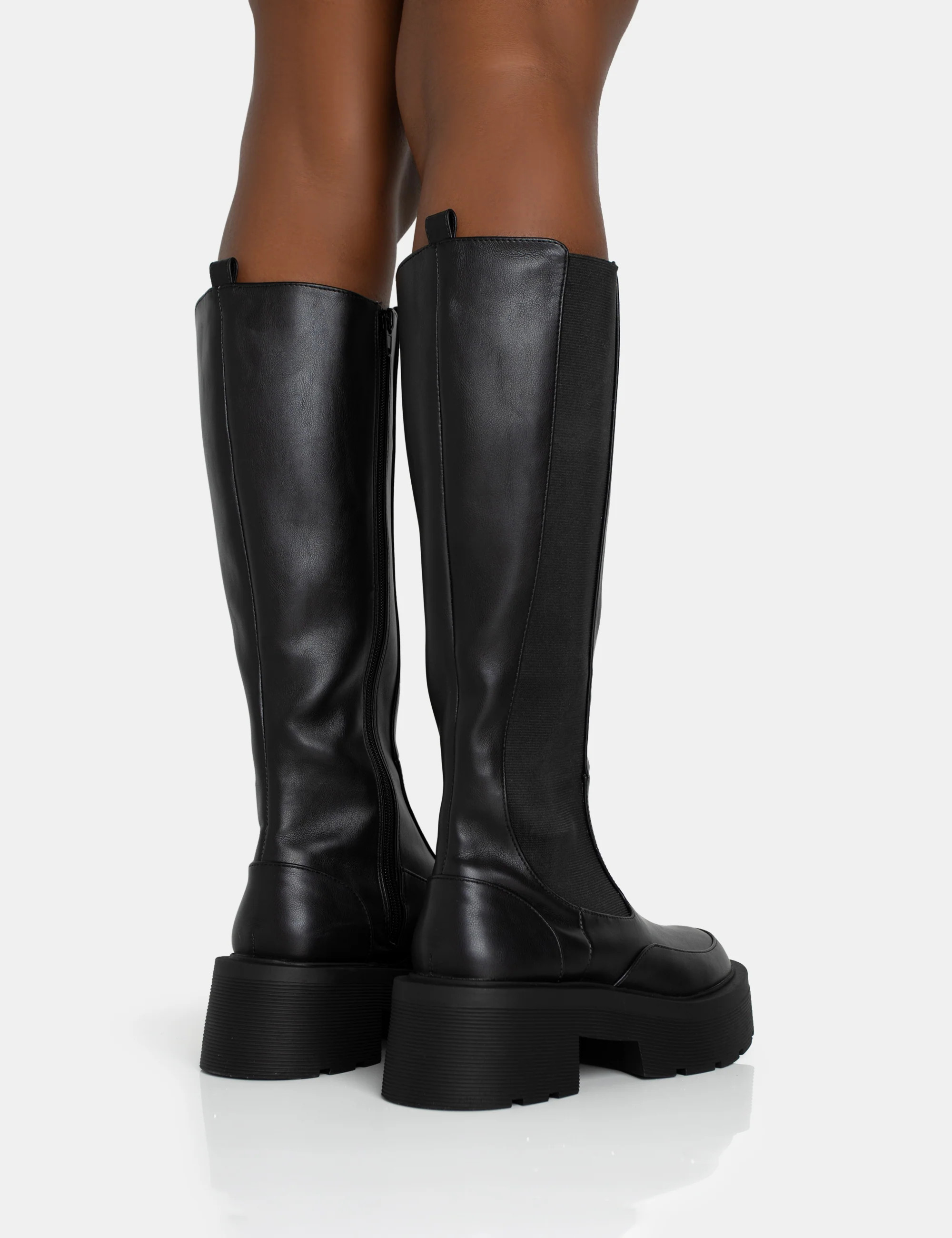Evergreen Black Pu Knee High Elasticated Detail Chucky Heeled Sole Boots | Public Desire