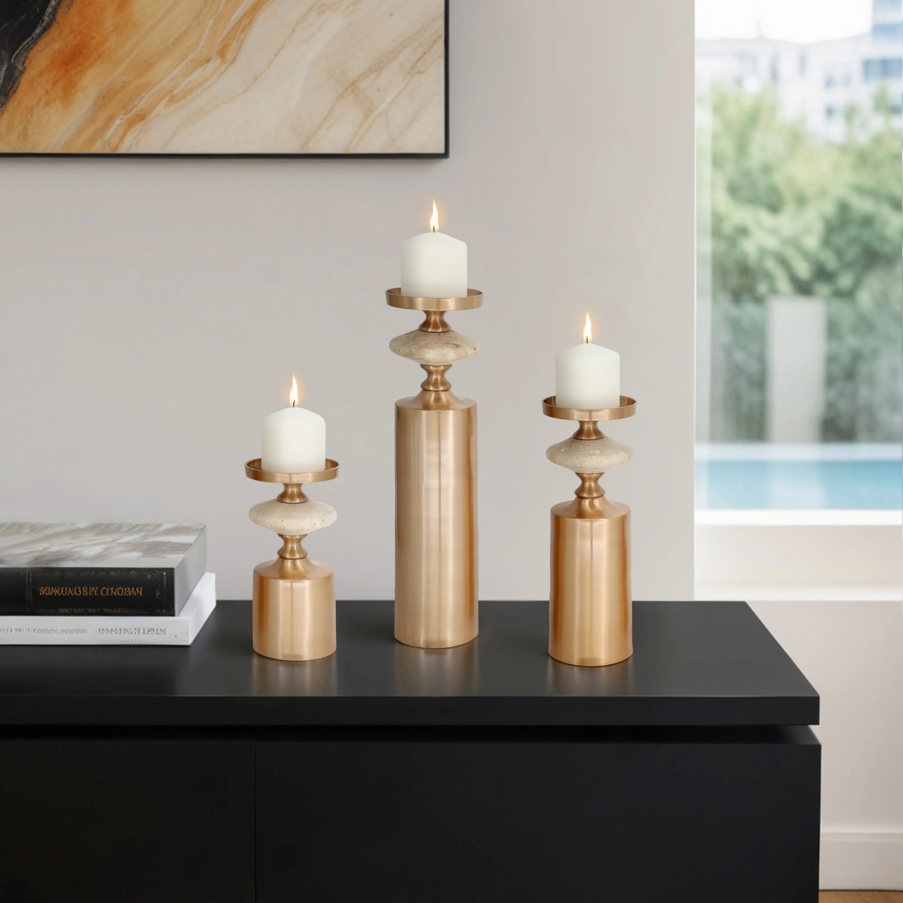 Set of 3 Decorative Candle Holders for Home Decor - Modern Tabletop Travertine Candle Holder Set | Wayfair North America