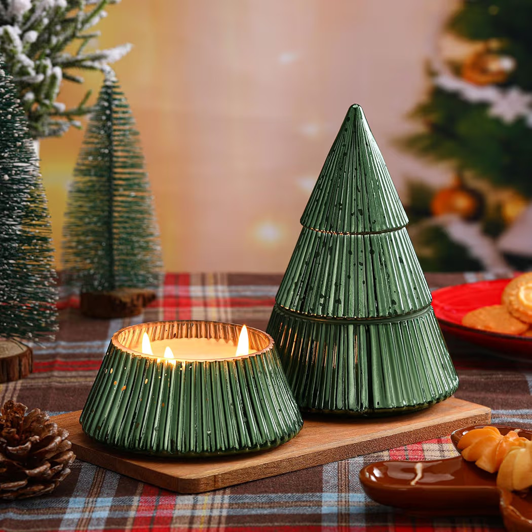 2 Pack Christmas Tree Shaped Candles with Retro Glass Jar Christmas Tree Table Decoration, Green ... | Amazon (US)
