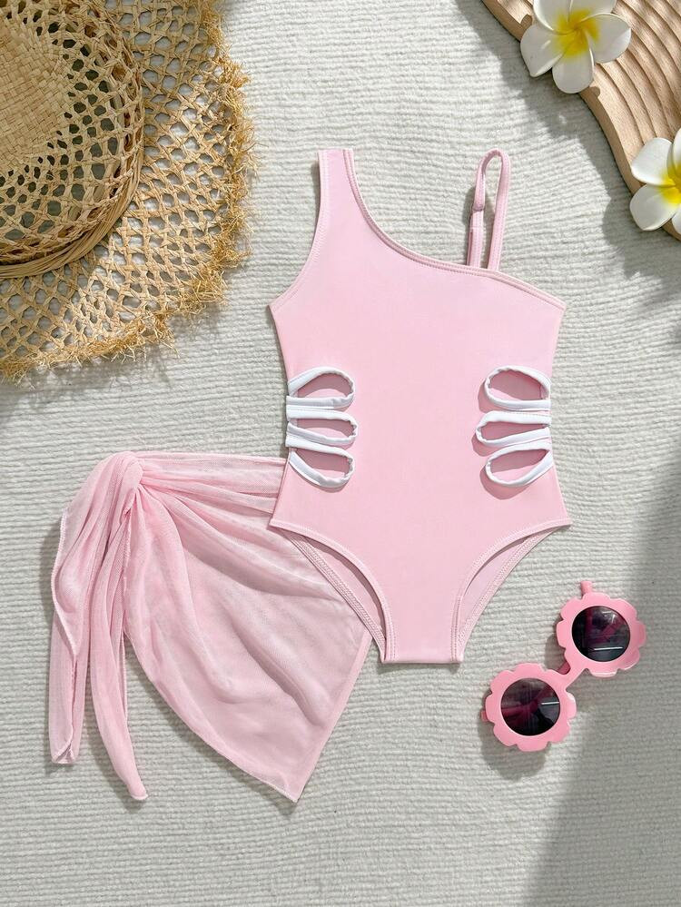 Souflis Souflis Baby Girls Light Pink One Shoulder One-Piece Swimsuit,Holiday Knitted Side Hollow... | SHEIN