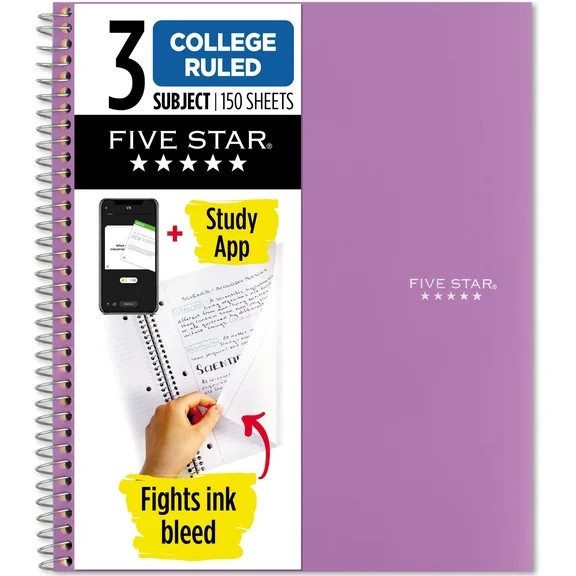 Five Star Spiral Notebook + Study App, 3 Subject, Wide Ruled, 8" x 10.5" | Walmart (US)
