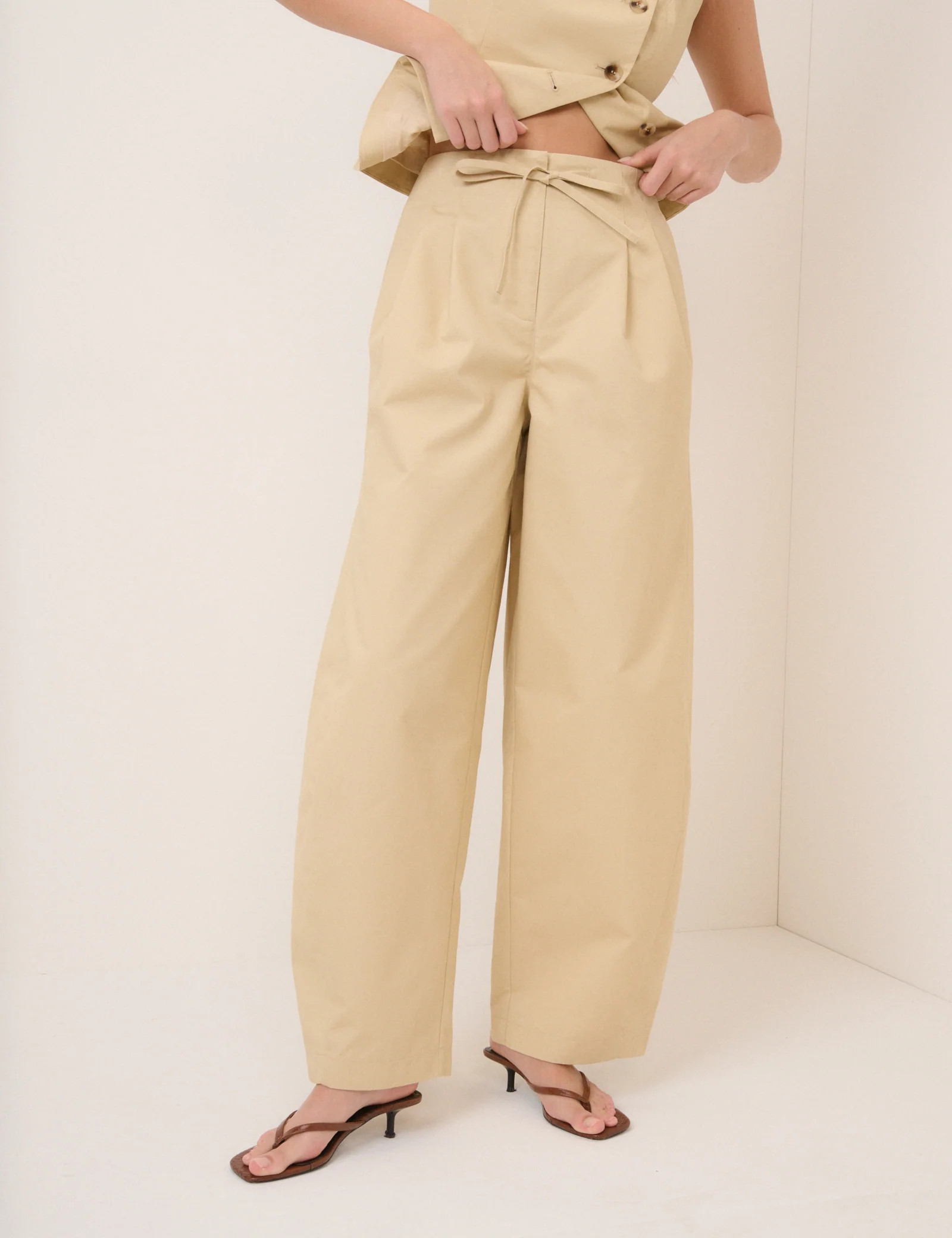 Beige Barrel Leg Tie Trousers | Nobody's Child