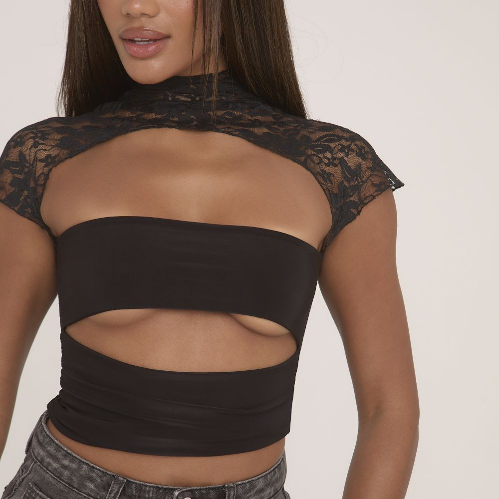 Lace Insert Slinky High Neck Short Sleeve Cut Out Top In Black | EGO Shoes (US & Canada)