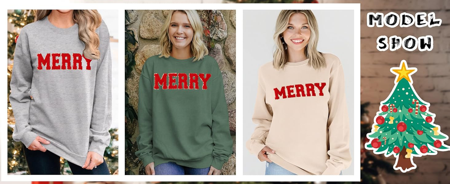 IZYJOY Christmas Women's Merry Graphic Sweatshirt Chenille Patch Letter Printed Crewneck Xmas Gif... | Amazon (US)