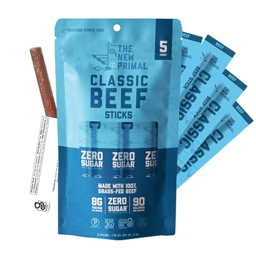 The New Primal Grass Fed Beef Sticks, Keto & Gluten Free Healthy Snacks for Adults, Sugar Free Low Carb High Protein Snack, Paleo Whole30 Jerky Meat Stick, 6g Protein, 80 Calories, 5 Pack | Amazon (US)