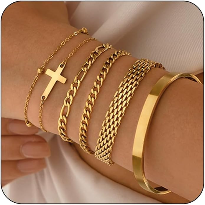 Gold Bracelets for Women Dainty Non Tarnish Link Chain Bracelets Set for Women Trendy Adjustable ... | Amazon (US)