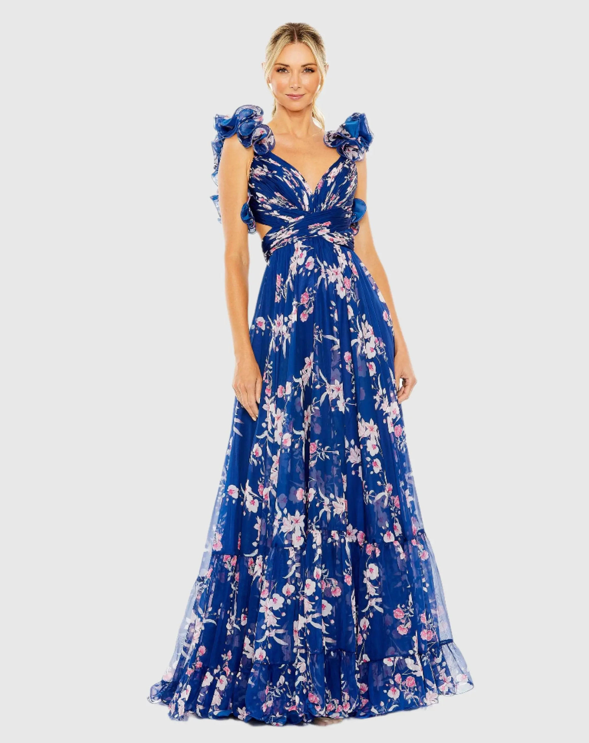 Ieena for Mac Duggal - Blue Ruffle Tiered Floral Cut-Out Chiffon Gown - Blue Multi / US 2 | Mac Duggal