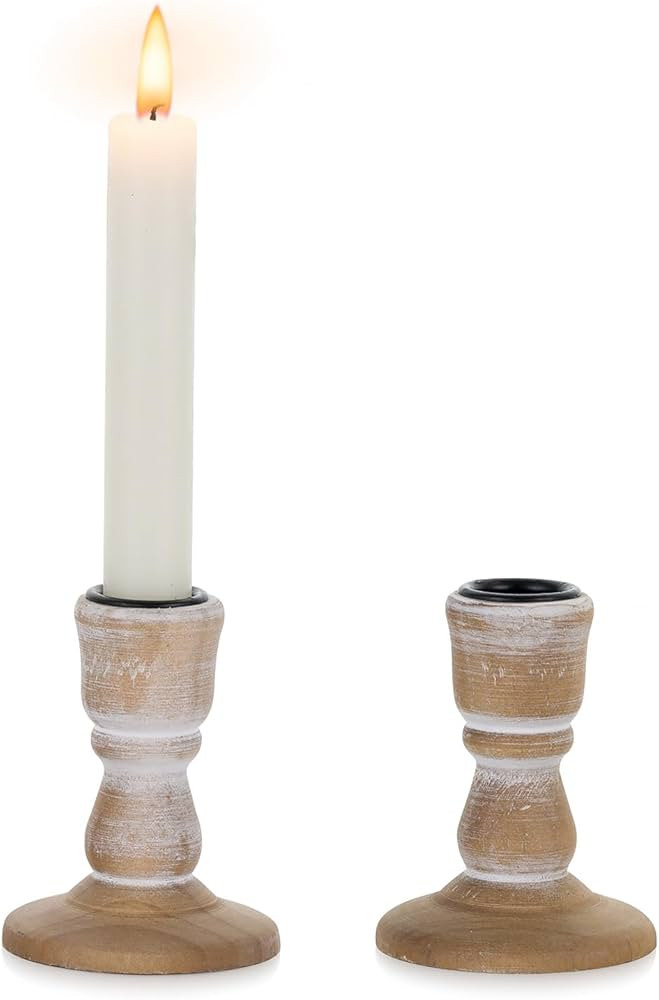 NUPTIO Taper Candle Holders Wood: 2 Pcs Rustic Brown Wooden Candlestick Holder - Vintage Small Fa... | Amazon (US)