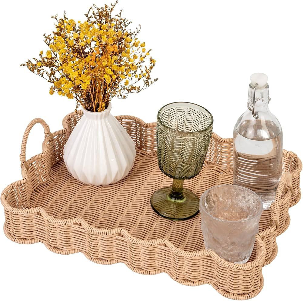 GRANNY SAYS Scalloped Edge Rectangle Wicker Serving Tray, Coffee Table Tray, Serving Trays with H... | Amazon (US)