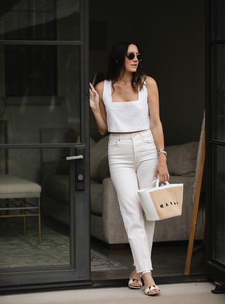All white outfit, white jeans, white cropped top, linen top, date night outfit 

#LTKstyletip #LTKFind #LTKitbag