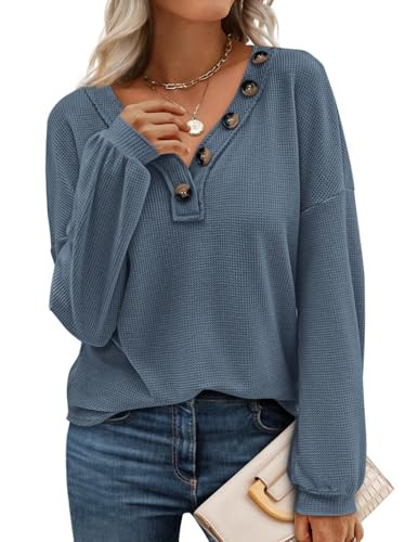 BTFBM Womens Fall Fashion 2025 Long Sleeve Shirts Spring V Neck Loose Casual Deco Button Lightweight Waffle Knit Tops(Blue, Large) | Amazon (US)
