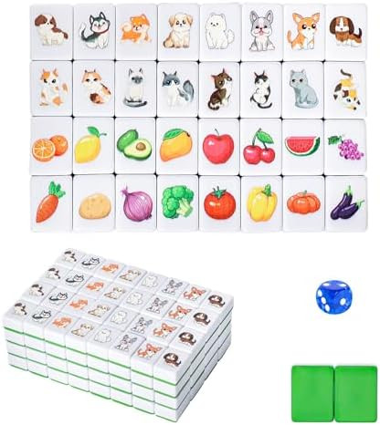 GRACIAS 4 Players Mahjong Block Set, 128 Green Tiles(1.18”) with Animal and Food Pattern, Porta... | Amazon (US)