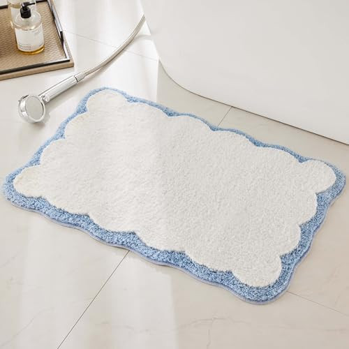 Luxury Microfiber Bathroom Rugs, White Bath Rug with Blue Scalloped Piping Cute Aesthetic Preppy ... | Amazon (US)