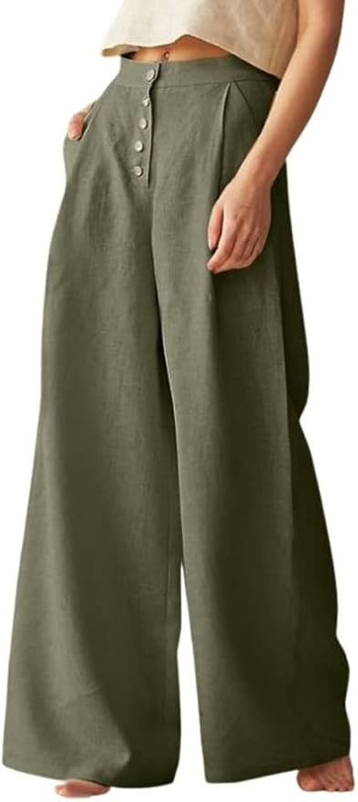 chouyatou Women's Summer High Waisted Cotton Linen Palazzo Wide Leg Casual Pants with Pockets | Amazon (US)