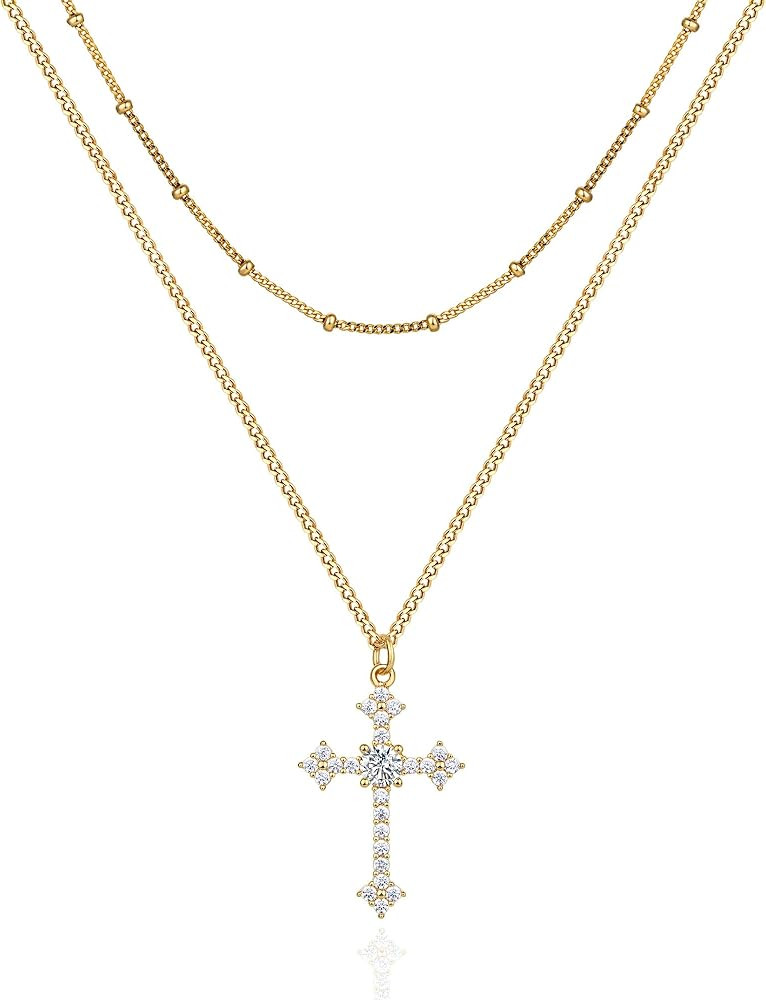 Cross Necklace for Women 14k Gold Plated Dainty Layered Cross Pendant Necklaces Simple Gold Jewel... | Amazon (US)