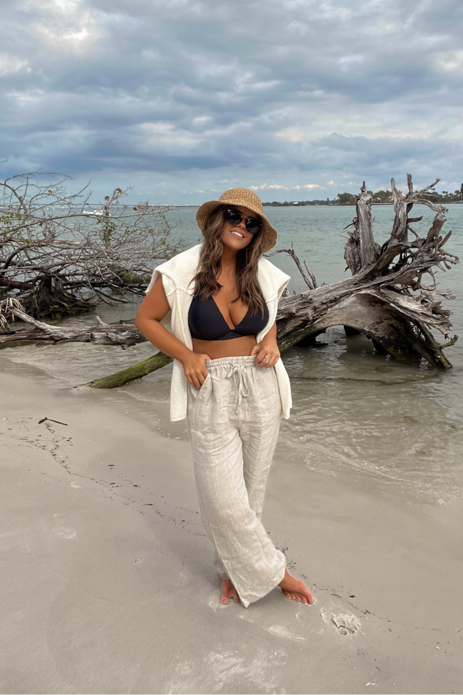 Swimsuit: sized up one- to a large. 
Pants : medium true to size sweater: size down- runs big


Coastal grandmother, linen pants, resort, vacation, vacation outfit, bikini, beach 


#LTKFind #LTKunder50 #LTKswim