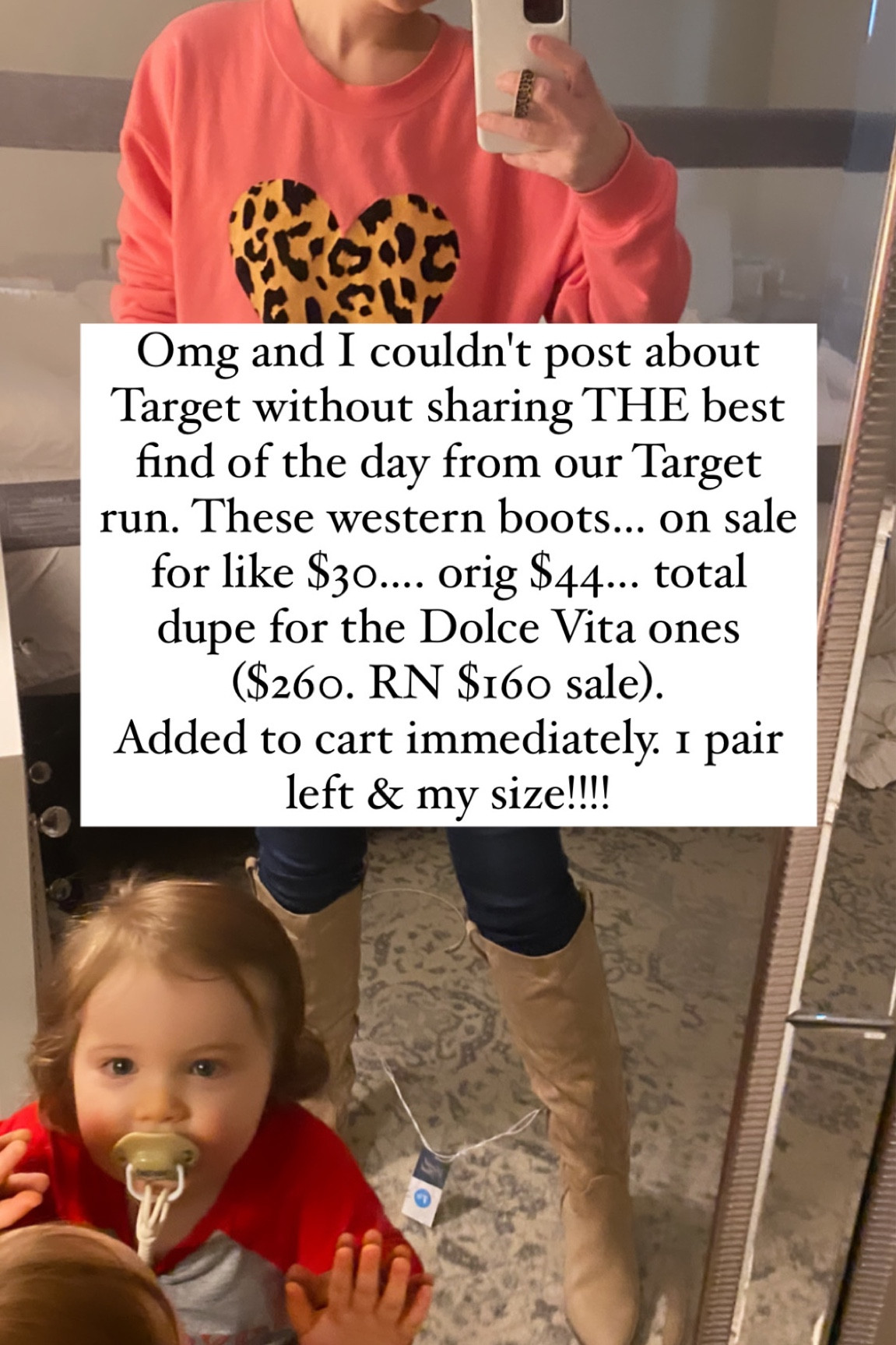 Dolce vita western boot dupe at Target. In store was even more on sale than online. I always wear a 1/2 to 1 size bigger in boots. I am normally a 7 in regular shoes. These are 7.5 & fit perfectly! 

#LTKshoecrush #LTKsalealert #LTKSale
