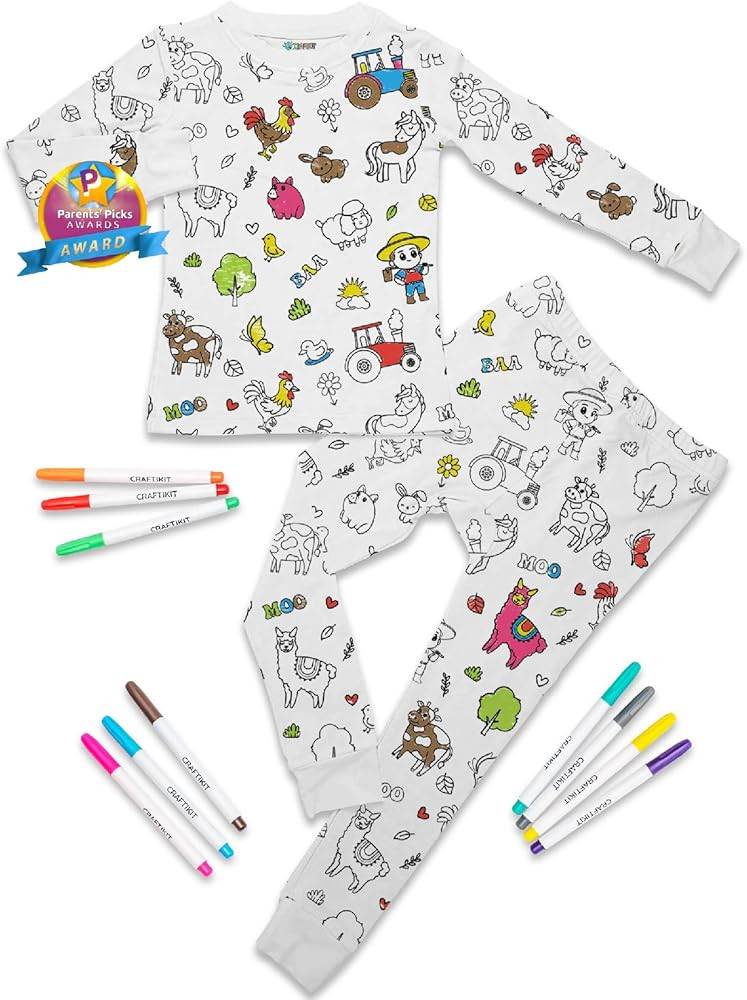Craftikit® Kids Coloring Pajamas with Markers - Soft Bamboo Viscose 2-Piece Unisex PJs Set, Snug... | Amazon (US)