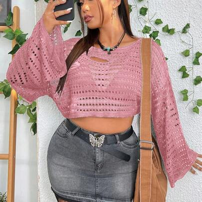 Plus Size Solid Color Hollow-Out Cropped Knitted Sweater, Spring & Summer | SHEIN