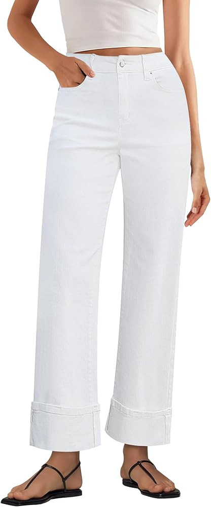 GRAPENT Wide Leg Jeans for Women Trendy High Waisted Cuffed Hem Stretchy Denim Trousers Pants Wor... | Amazon (US)