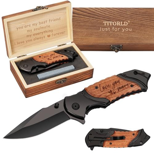 Gifts for Men Him Husband, Anniversary Birthday Gift ideas for Him Boyfriend, Marriage Keepsake, Engraved Pocket Knife, Wooden Handle Folding Knife with Wood Box, Christmas Stocking Stuffers | Amazon (US)
