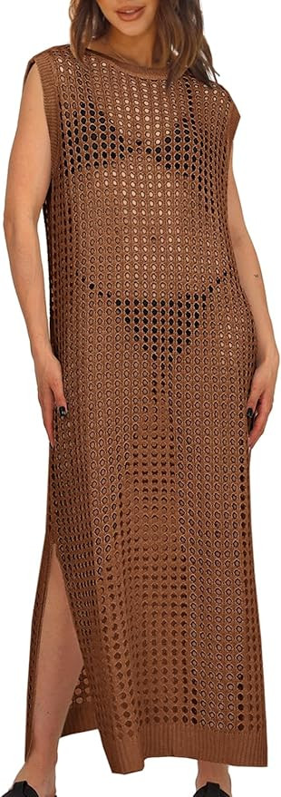 Saodimallsu Womens Crochet Swimsuit Coverup Summer Sleeveless Hollow Out Knit Crewneck Side Split... | Amazon (US)