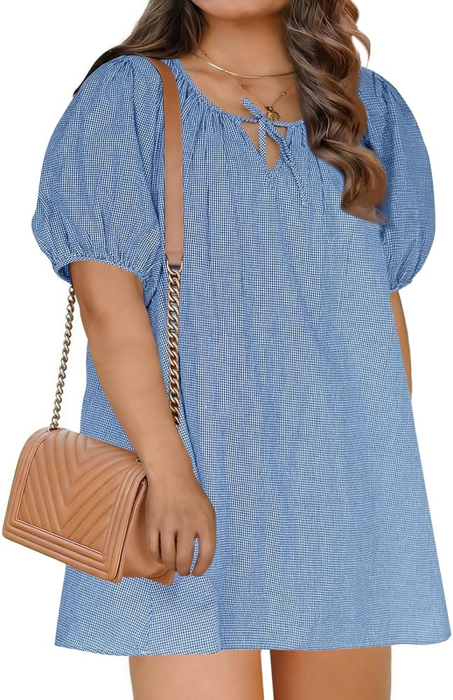 Beautife Women's Plus Size Dress Short Puff Sleeve Scoop Neck Gingham Plaid Short Cotton Babydoll... | Amazon (US)