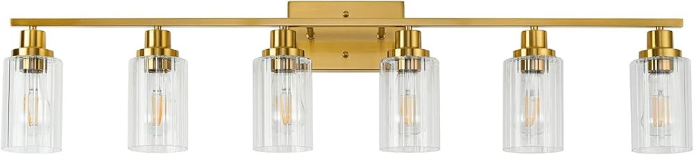 Jonsi Gold Bathroom Light Fixtures, 6 Light Brushed Gold Bathroom Vanity Lights with Fluted Glass... | Amazon (US)