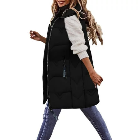 njshnmn Puffer Vest Women Zip up Quilted Padded Lightweight Vest for Women Long Puffer Vest Women Black L | Walmart (US)