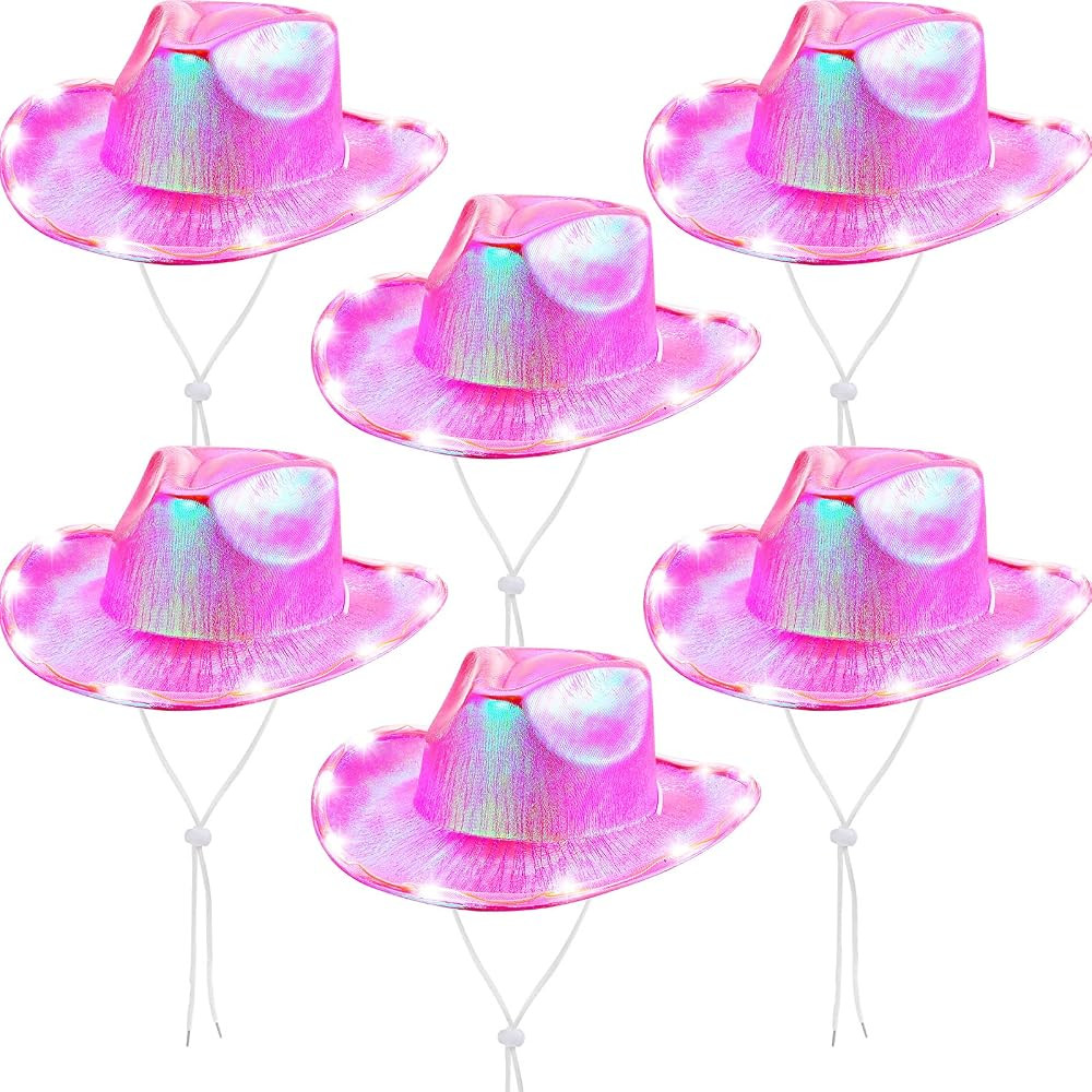 Geyoga 6 Pcs Light Up Holographic Pink Cowboy Hat Women Metallic Space Rave Hat Shiny Cowboy Hats... | Amazon (US)