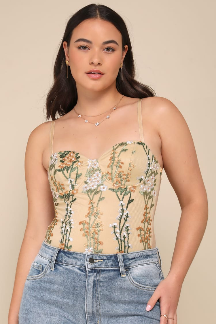Essence of Elegance Beige Embroidered Bustier Bodysuit | Lulus