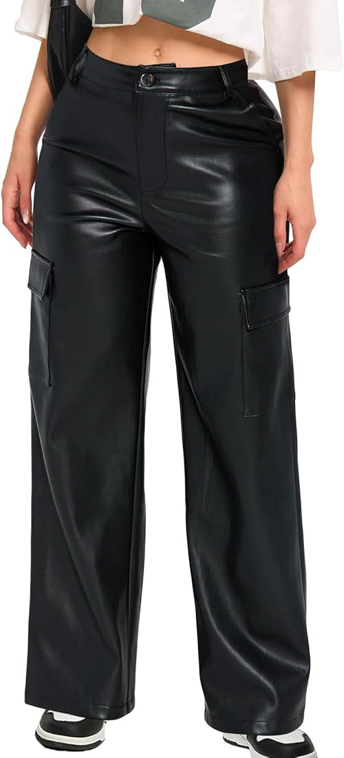 Women PU Faux Leather Pants High Waist Straight Wide Leg Pleather Pants Going Out Pants with Pock... | Amazon (US)