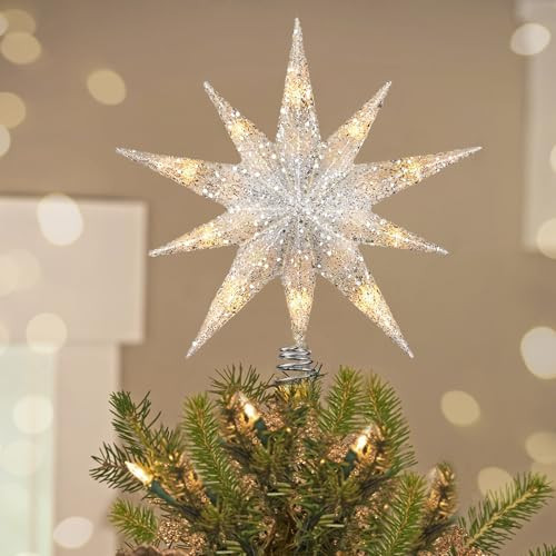 Luxspire Christmas Tree Topper, Lighted Star Tree Topper with USB Plug-in & Remote Control, 9.8" LED Metal Christmas Decorations Light, Xmas Trees Vintage Modern Ornament for Home Party, Silver | Amazon (US)