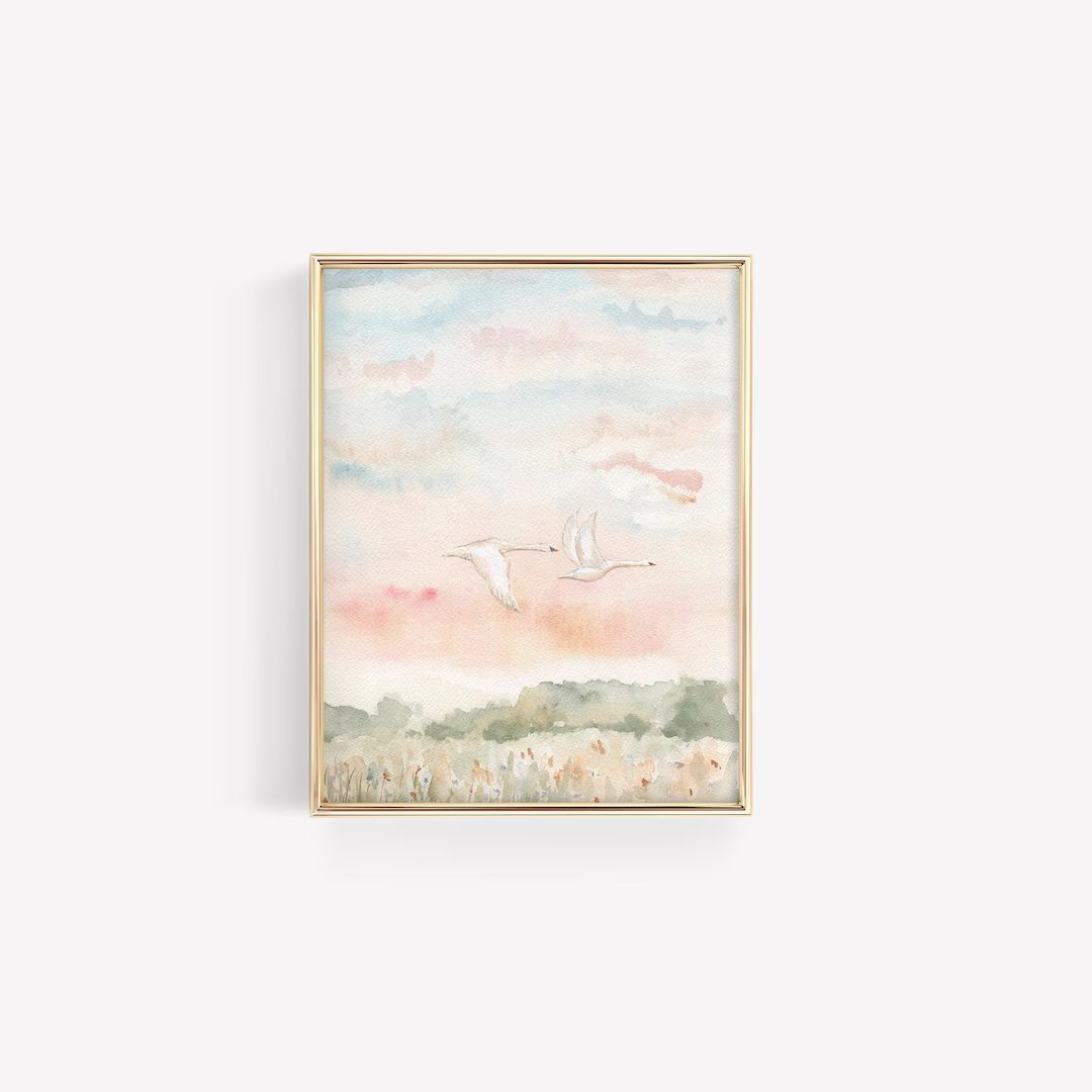 Swan Watercolor Painting Art Print of Two Swans Flying Cotton Candy Color Sunrise Watercolor Art ... | Etsy (US)