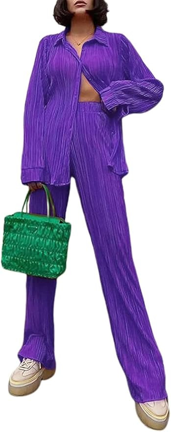 Sriswel Womens Pleated 2 Piece Outfits Long Sleeve Button Down Shirt Wide Leg Pants Pajama Sets J... | Amazon (US)