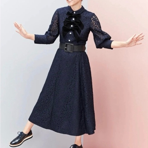 Halogen x Atlantic/Pacific Navy Lace Dress with Pearl & Black Bows (size 12) | Poshmark