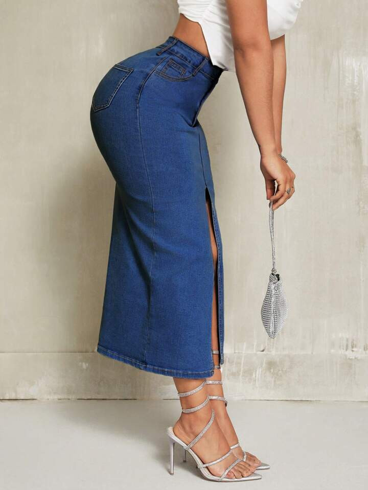 SHEIN SXY Spring/Summer Casual Front Slit Slim-Fit Denim Skirt | SHEIN