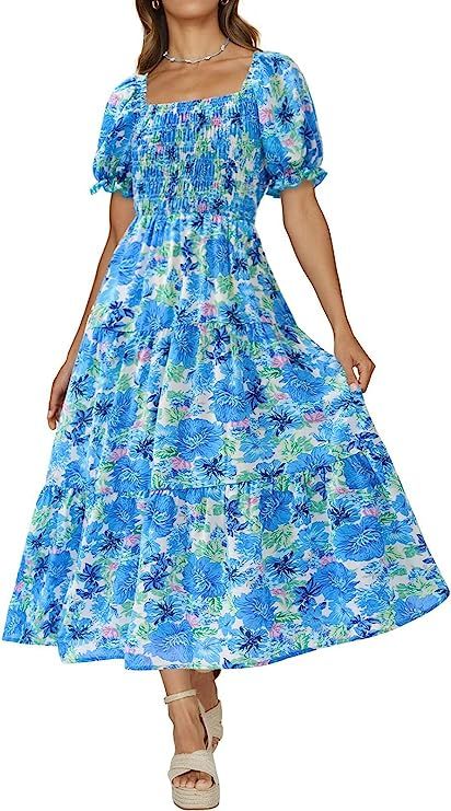 PRETTYGARDEN Women's 2023 Boho Floral Summer Dresses Square Neck Puff Sleeve A Line Long Dress Sm... | Amazon (US)