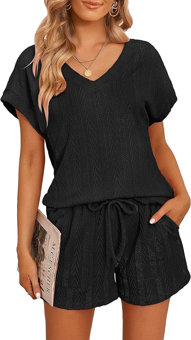 Womens Short Sleeve Pajama Set Cable Knit Drawstring Tops and Shorts Loungewear | Amazon (US)
