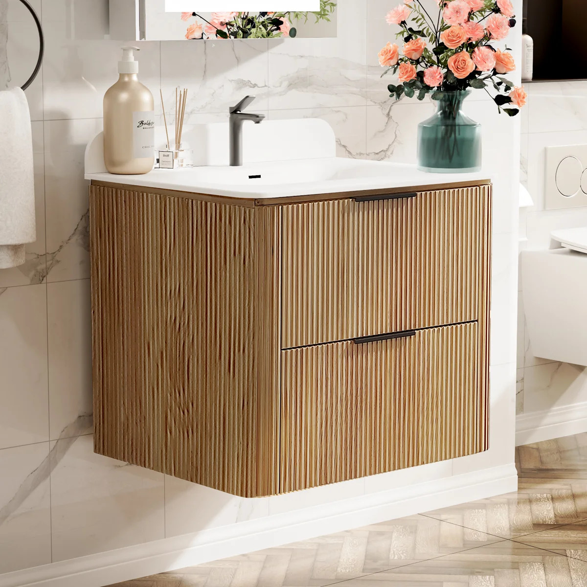 24 in. Wall-Mounted Bathroom Vanity in Oak Finish with Solid Wood Cabinet and One-Piece Acrylic C... | Wayfair North America