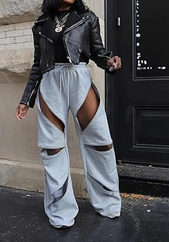 Unybwonn Women High Waist Wide Leg Y2k Sweatpants Baggy Patchwork Multi Zipper Ripped Cutout Jogg... | Amazon (US)