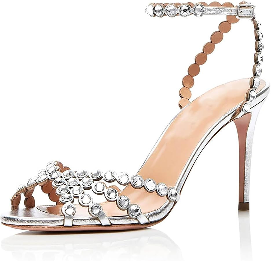 Generisch Damen Sandalen Silber Strass High Heels Offen Kn\u00f6chelriemen Elegante Schuhe Hochze... | Amazon (DE)