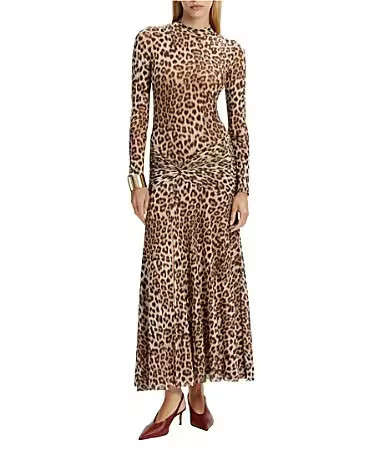 Bardot Leopard Print Mesh Long Sleeve Ruched Slit Maxi Dress - M | Dillard's