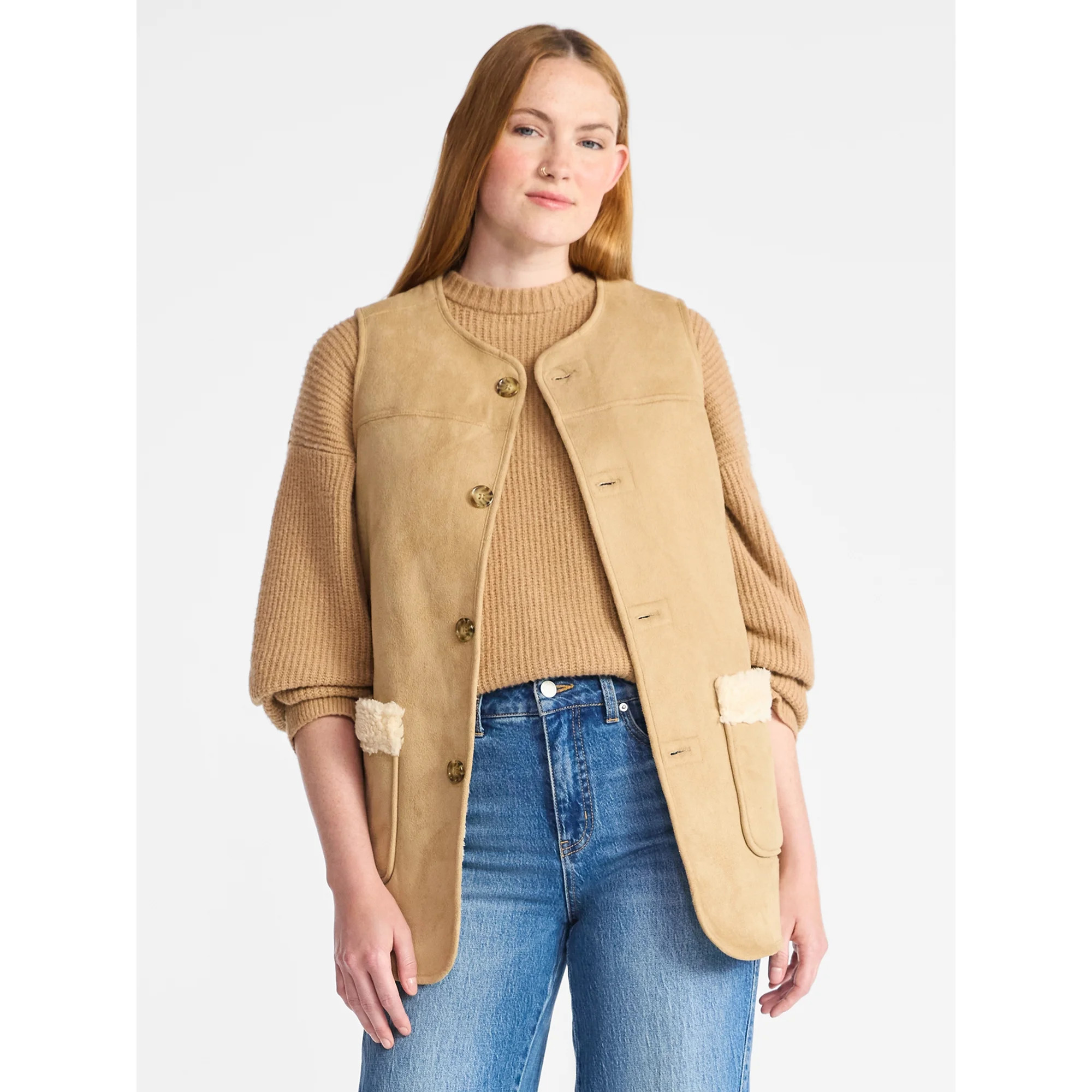 Time and Tru Women’s Faux Shearling Longline Vest, Lightweight, Sizes XS-XXXL | Walmart (US)