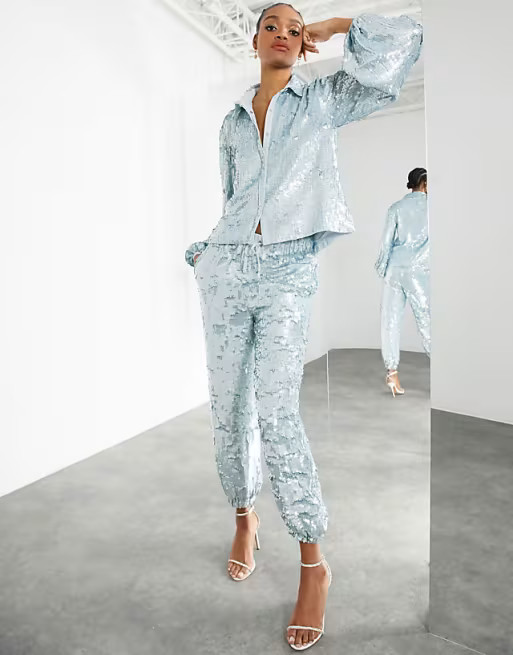 ASOS EDITION sequin shirt and joggers set in pale blue | ASOS (Global)