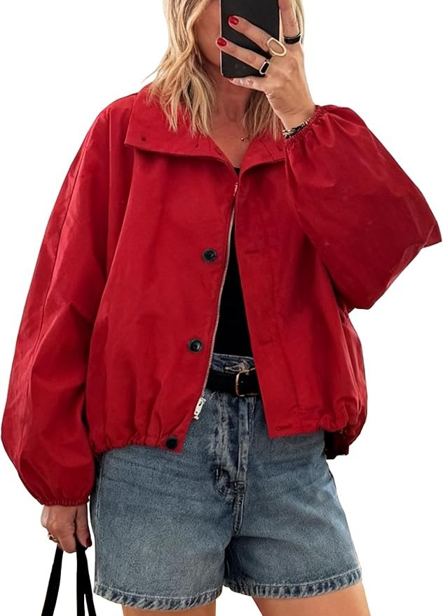 Womens Bomber Jackets Oversized Button High Neck Puff Coats Elastic Balloon Hem Fall Tops | Amazon (US)