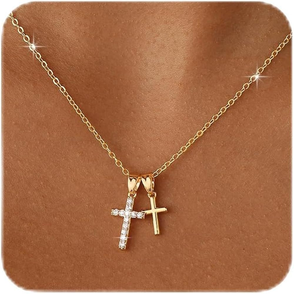 Gold Cross Necklace for Women Dainty 14K Gold Plated Diamond Cross Pendant Necklace Simple Charm ... | Amazon (US)