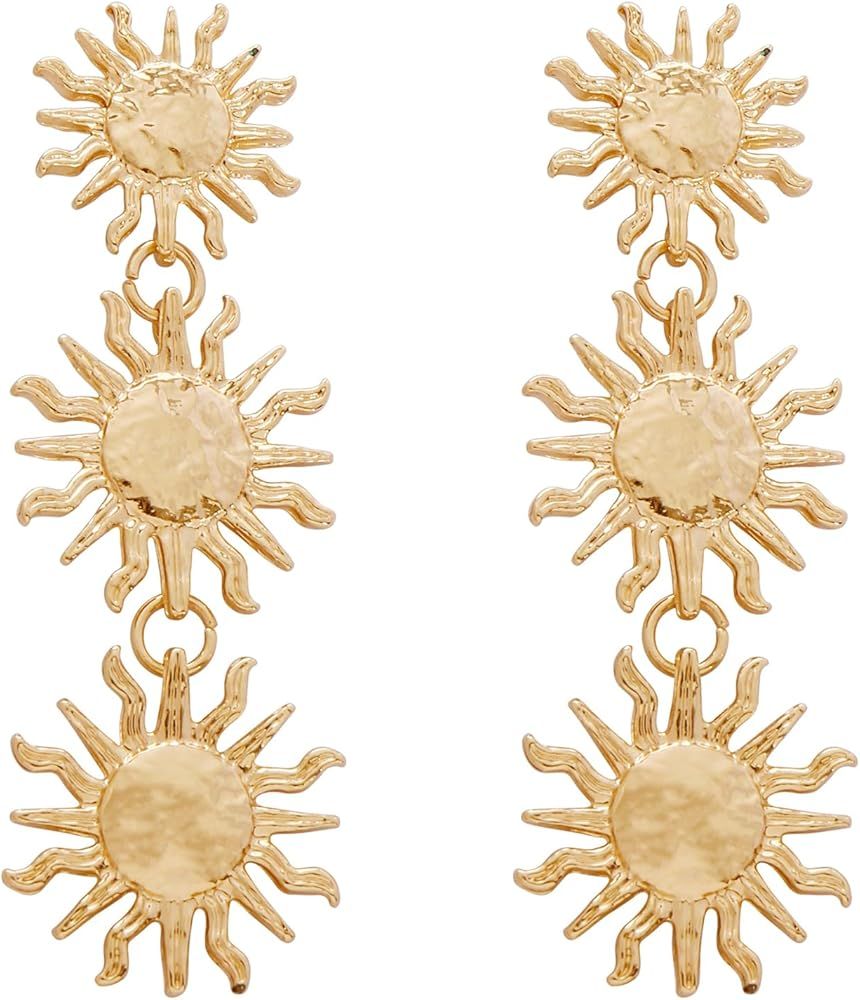 Firstmeet Metal Sun God Earrings Chunky Alloy Dangle Hoop Earrings Jewelry for Women | Amazon (US)