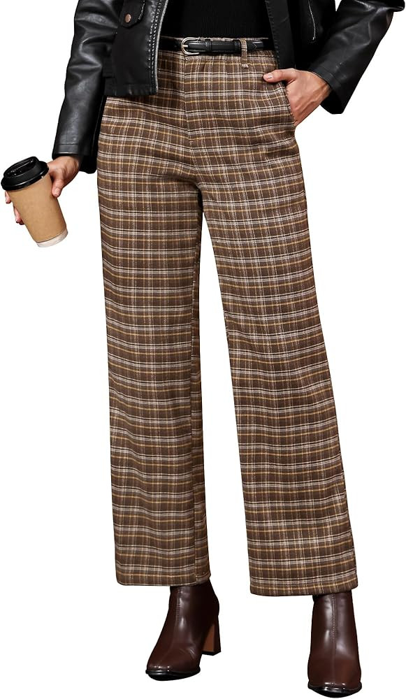 GRAPENT Plaid Pants for Women Wide Leg High Waisted Tartan Work Business Casual Elastic Waist Tro... | Amazon (US)