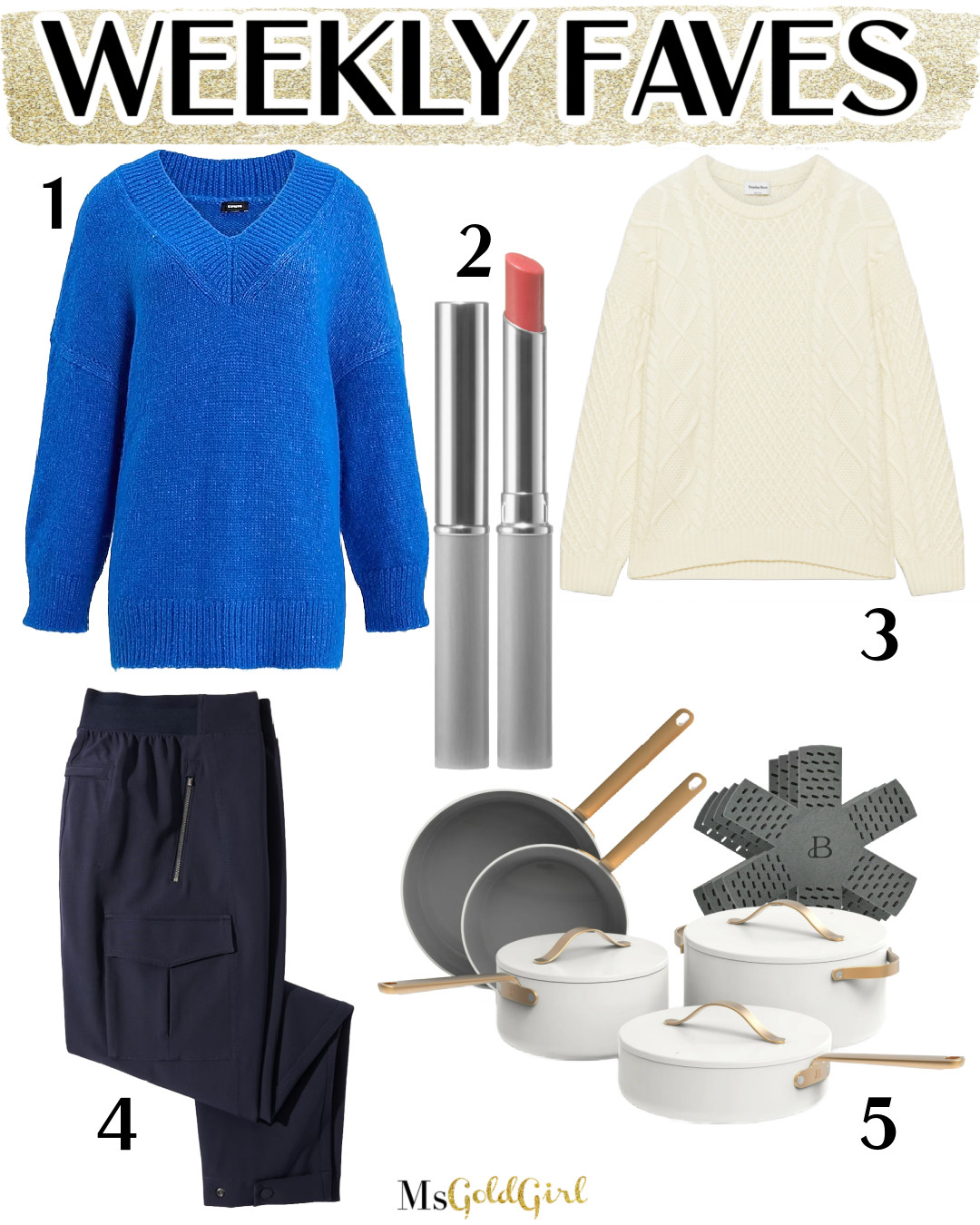 This week's personal favorites:

1. While this oversized, longer sweater also comes in grey and a pretty lilac/pink, this cobalt blue is STUNNING! Have it in an XS.

2. If you love the Clinque Black Honey lipstick, give the newest version a try. It's PINK Honey!!

3. A classic slightly oversized ivory cable knit sweater is a must and this one is on sale! Have it in XS.

4. Picked up two more pairs of these high waisted cargo pants in a size 2 regular. They also come in petite and tall lengths. Perfect for travel and everyday-they don't wrinkle AND you can wear them as a straight leg or tapered leg!

5. I've been cooking a lot more over the holidays and my set of pots and pans are $50 off! We use these (almost) every day!

#weeklyfavorites #fashionover50 #closetstaples #sweaters  

 #LTKOver40 #LTKBeauty #LTKTravel